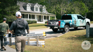 Two contractors prepare to ascend a roof